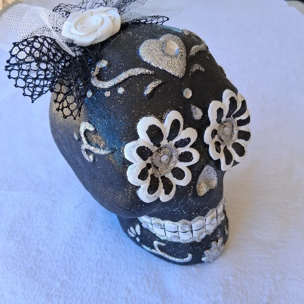Ashland Day of the Dead Sugar Skull Tabletop Decor Black Glitter Rhinestone